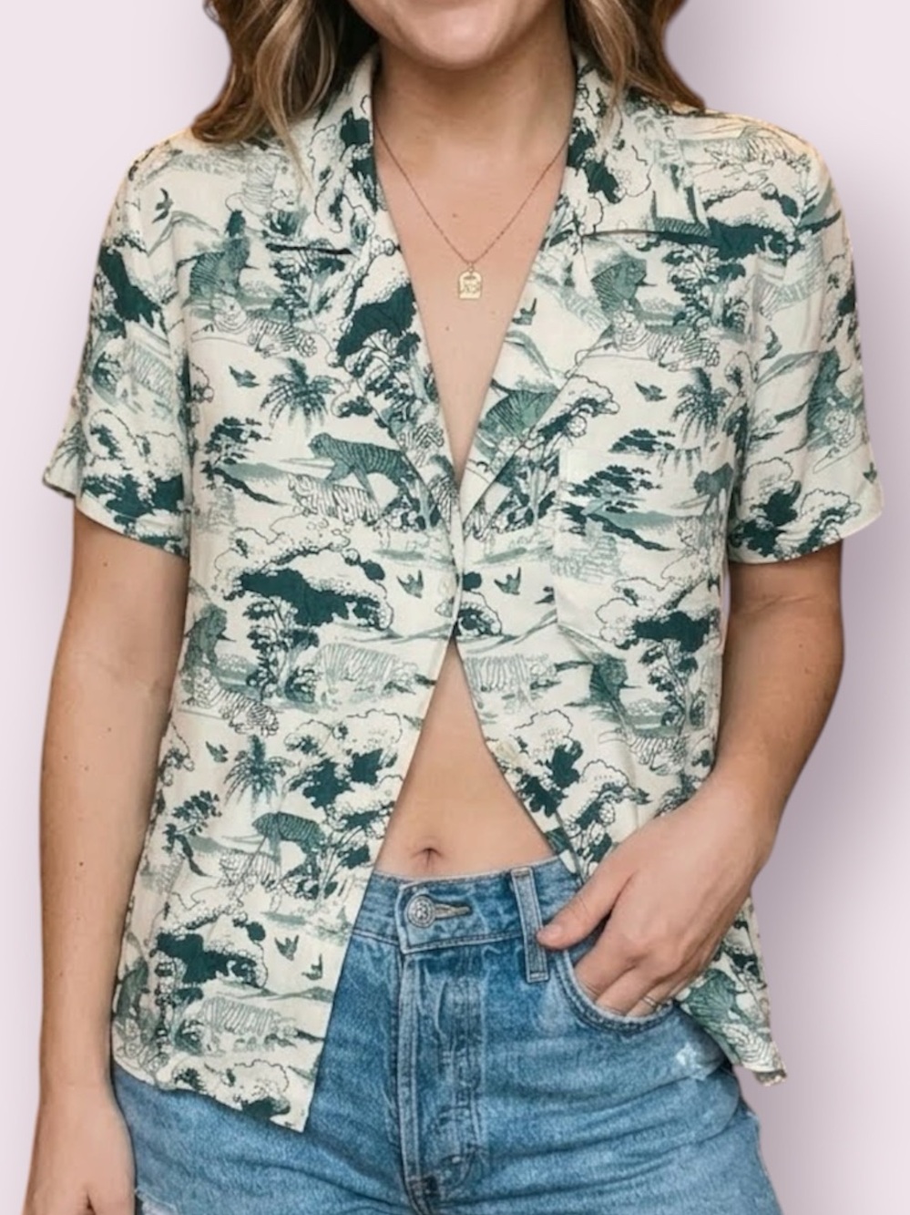 Reformation Cuba Top Tiger Print Button Up Green & Cream Size Large